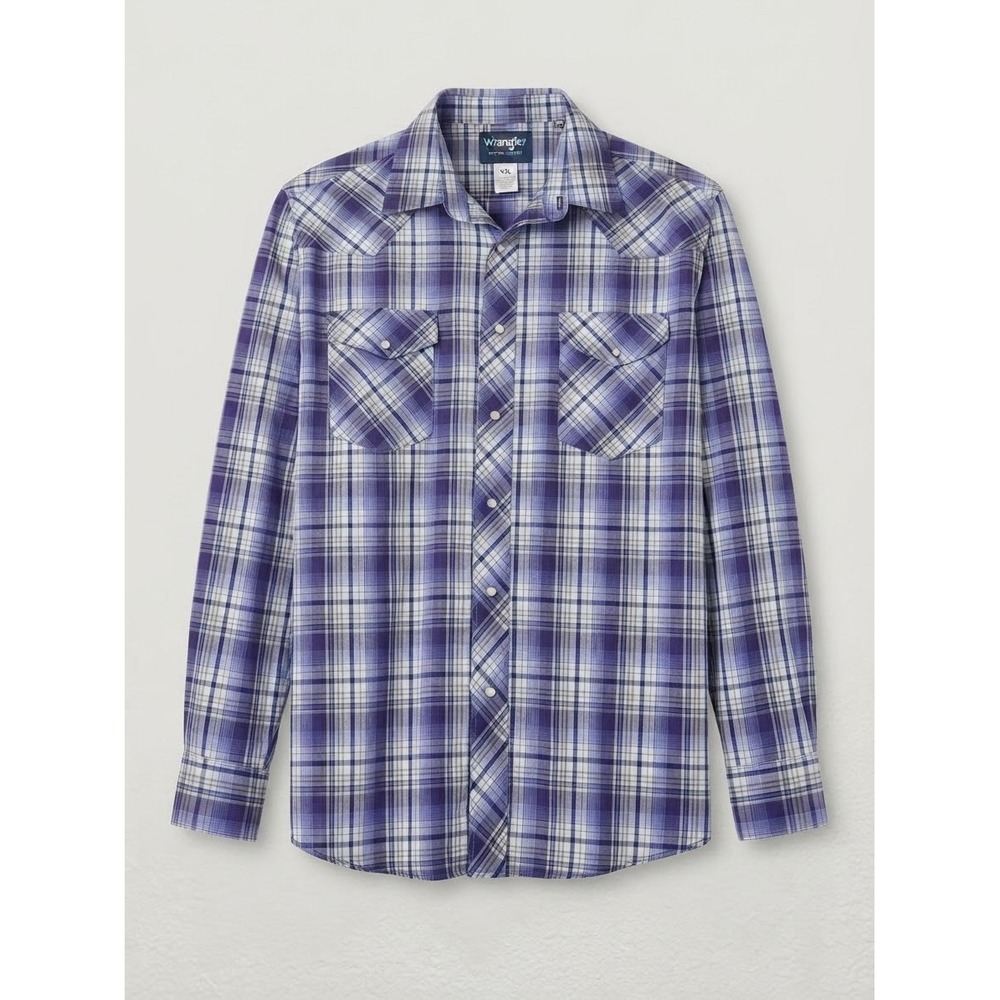 Vintage Wrangler Pearl Snap Mens XL Purple Plaid Western Rodeo Cowboy Ranch 90s